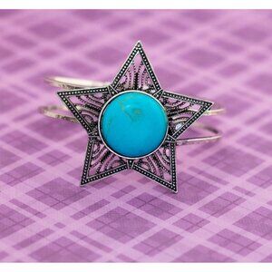 Vintage Geometric Silver Tone Star Blue Circle Hinged Bangle 7 1/2 inch - BX9